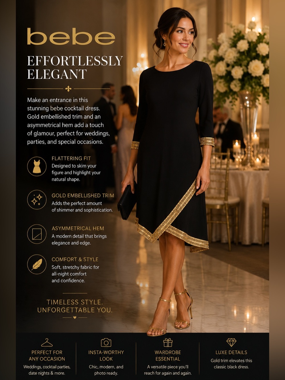 bebe Black Bodycon Dress w/ Gold Rhinestone Trim – XL